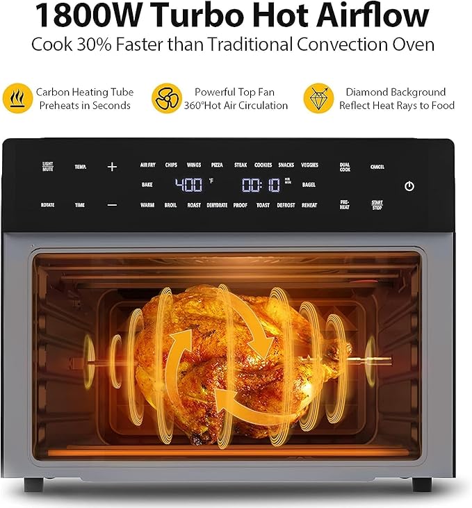 32QT Extra Large Air Fryer, 19-In-1 Air Fryer Toaster Oven Combo with Rotisserie and Dehydrator, Digital Convection Oven Countertop Airfryer Fit 13" Pizza, 1800w, Black