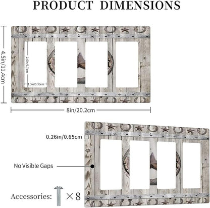 Rustic Western Wood Barn Door Horseshoe Iron Star 4 Gang Rocker Decora Light Switch Cover Outlet Covers Wall Plate Decorative Switchplate Electrical Faceplate GFCI for Farmhouse Bedroom Decor