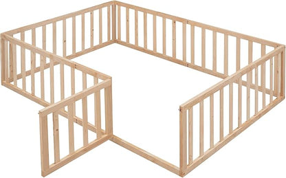 Full Size Floor Bed with Fence, Solid Wood Floor Bed Frame for Kids with Door, Twin Platform Bed for Boys and Girls Kids Teens, Fun Design, for Children Bedroom