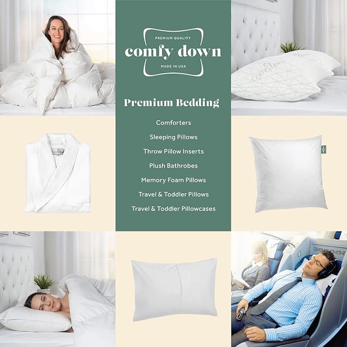 ComfyDown 50/50 Down Feather Blend ComfyDream Bed Pillow for Sleeping, Egyptian Cotton Cover, Made in USA, Twin Size