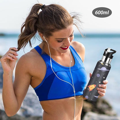 Space ＆ Rocket Sports Water Bottle, Double Wall Vacuum Insulated Stainless Steel Water Bottle with Straw Keeps Hot and Cold, Bike Running Sports Travel Gym 20oz
