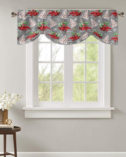 Red Truck Christmas Blackout Tie Up Valance Curtains for Kitchen Windows Merry Christmas Tree Window Toppers Balloon Shades for Living Room/Bathroom/Bedroom,1 Panel, 54" X 18", Winter Snowflake Grey