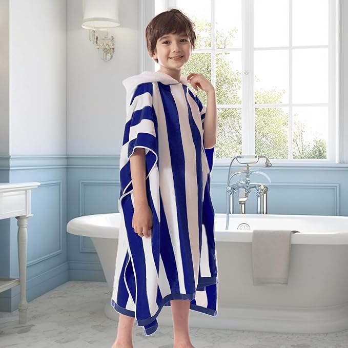 VOOVA & MOVAS Big Kids Hooded Towel Poncho | 8-16Years | Large, Soft, Absorbent Cotton Towel Robe | Versatile for Pool, Swim,Beach and Bathroom | Gem Blue Cabana Stripe