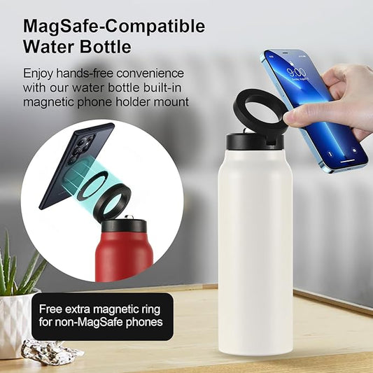 Insulated Water Bottle with Magnetic Phone Holder Compatible with MagSafe and iPhone, Stainless Steel Water Bottle Phone Mount For Sports Travel School, Hot 12H Cold 24H, 24oz (Silver)