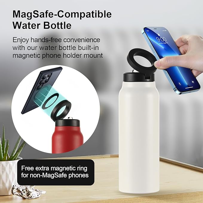 Insulated Water Bottle with Magnetic Phone Holder Compatible with MagSafe and iPhone, Stainless Steel Water Bottle Phone Mount For Sports Travel School, Hot 12H Cold 24H, 24oz (Black)