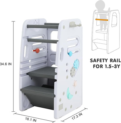 SDADI Multifunctional Toddler Tower with Double Safety Rails - Adjustable & Non-Slip for Kitchen and Bathroom Use - Montessori Step Stool for Kids, White and Dark Gray