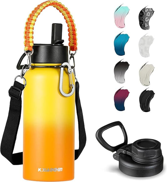 40 oz Insulated Water Bottle with Paracord Handles & Strap, 2 Lids(Straw Lid&Spout Lid), Stainless Steel Reusable Wide Mouth Metal Water Bottle With Straw, Double Walled, Thermo Mug（Mango Yellow)