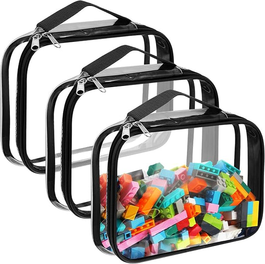 Sanwuta 3 Packs Toy Storage Bags with Zipper, Clear PVC Organizing Bags, Waterproof Toy Bags for Board Games, Building Blocks, Toys and Kids Books (Black,12.6 x 9 x 2.36 Inch)