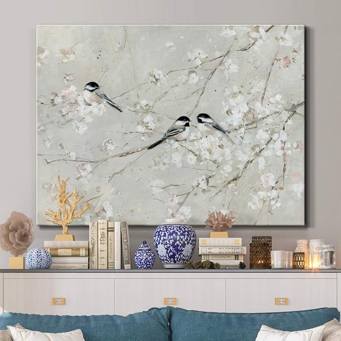 Renditions Gallery Canvas Nature Wall Art Modern Decorations Paintings Elegant Little Birds Glam Romantic Abstract Botanical Artwork Prints for Bedroom Office Kitchen - 32"x48" LT33