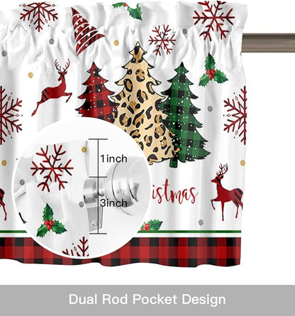 Merry Christmas Kitchen Curtains Valances for Windows Farm Christmas Tree Buffalo Plaid Leopard Rod Pocket Window Treatment for Kitchen/Living Room/Bedroom/Bathroom,60" X 18" -1 Panel, Holiday Decor