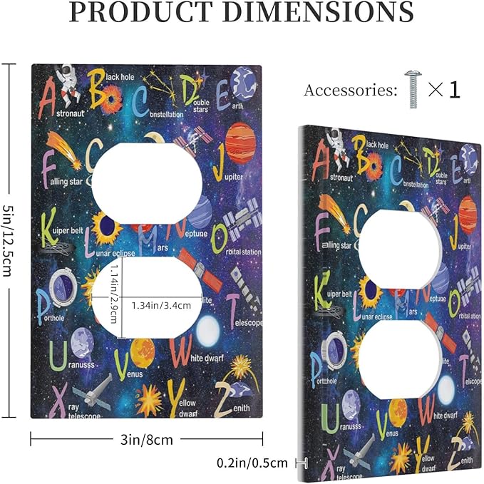 ABC Outer Space 1 Gang Outlet Plate Covers Decorative Single Duplex Wall Plate Alphabet Galaxy Electrical Receptacle Light Switch Cover Art Faceplate Switchplate for Kidroom Boyroom Livingroom Decor