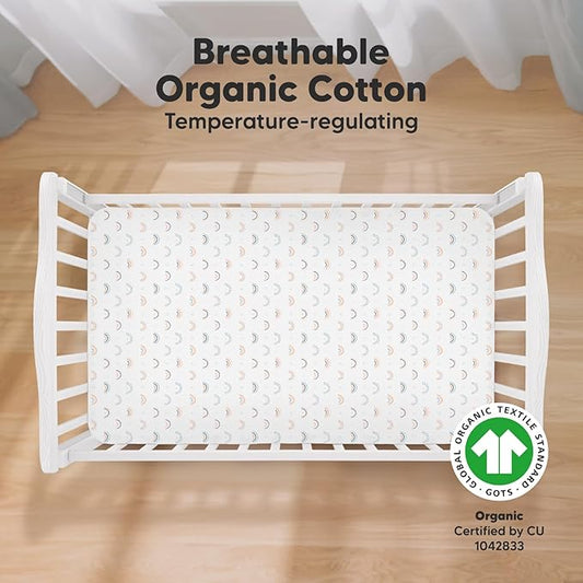 2-Pack Organic Crib Sheets for Boys, Girls - Jersey Fitted Crib Sheet, Baby Crib Sheets Neutral, Crib Mattress Sheet, Cotton Crib Sheets, Breathable Crib Sheet, Baby Mattress Sheets (Jolly Rainbow)