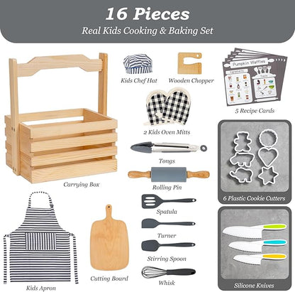 Kids Cooking & Baking Set, 16 Pcs Grey Real Kids Kitchen Utensils Set with Storage Case, Toddler Cooking Set, Toddler Chef Set for Junior Chef with Kids Apron & Hat, Kids Baking Sets for Boys & Girls