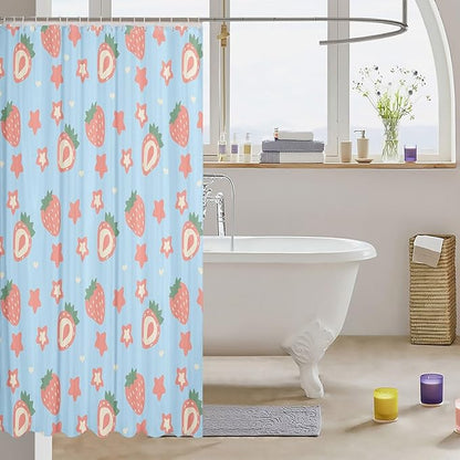 Feelyou Blue Strawberry Bathroom Waterproof Accessories with 12 Hooks Kawaii Fruit Shower Curtain for Kids Boys Girls Cute Stars Strawberry Fabric Shower Curtain Kawaii Lovely Curtains,72x78 Inches