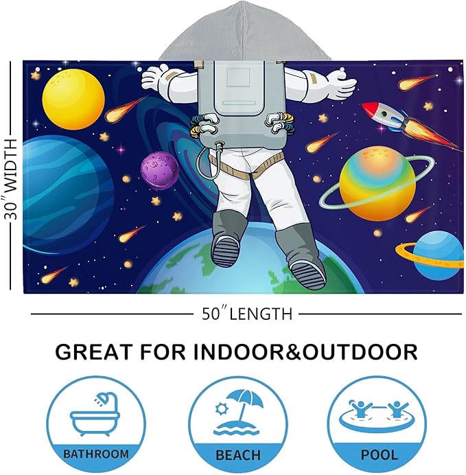 Kids Beach Towel, Kids Bath Towels with Hood, Outer Space Theme Hooded Towel for Boys Girls 30"x50", Cool Kids Towel Gifts Cartoon Microfiber Soft Bath Towel Poncho Bathrobe Wrap Robe for Swin Pool