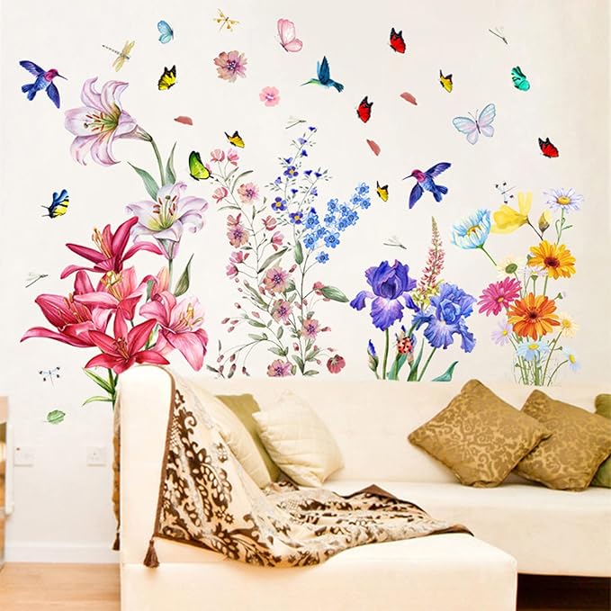 Garden Flower Wall Decals Lily Daisy Butterfly Dragonfly Bird Wall Stickers, Spring Window Clings for Glass Windows Living Room Bedroom Kitchen Wall Decor
