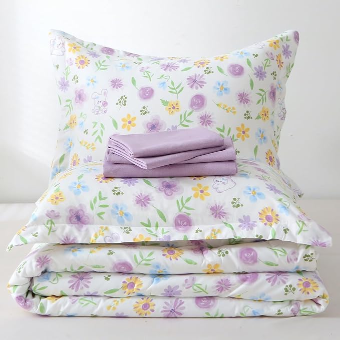 Wajade Floral Comforter Set Bed in A Bag Queen Size 7 Piece Purple Flower Green Leaves Rabbits Bedding Set for Girls (1 Comforter, 1 Flat Sheet, 1 Fitted Sheet, 2 Pillowcase and 2 Pillow Sham)