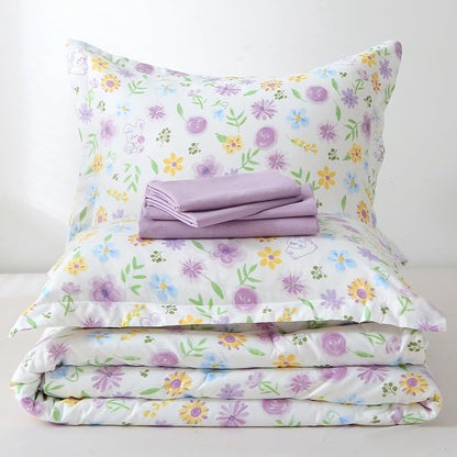 Wajade Floral Comforter Set Bed in A Bag Twin Size 7 Piece Purple Flower Green Leaves Rabbits Bedding Set for Girls (1 Comforter, 1 Flat Sheet, 1 Fitted Sheet, 2 Pillowcase and 2 Pillow Sham)