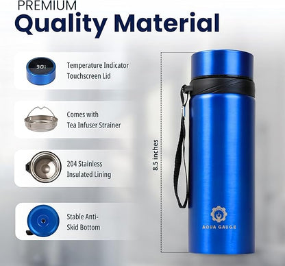 Stainless Steel Thermal Bottle, 600 mL, Digital Temperature Display, 4 Colors (Blue)
