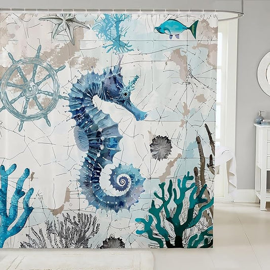 Feelyou Seahorse Fabric Shower Curtain Ocean Shower Curtain for Kids Boys Girls Marine Life Bathroom Waterproof Accessories with 12 Hooks Sea Animal Curtains,72x78 Inches