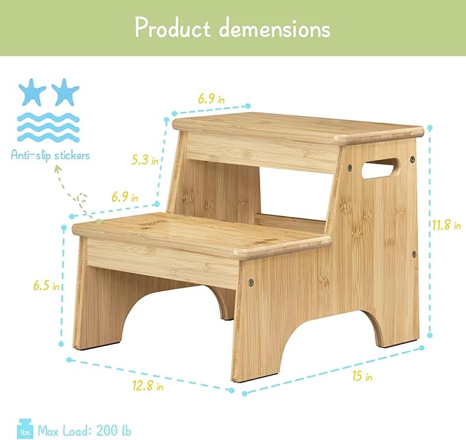 Forbena Wooden 2 Step Stool for Toddlers, Heavy Duty Kids Step Stool for Bathroom Sink Kitchen Counter, Bamboo Wood Non-Slip Kid Children Potty Stepping Stool Seat with Handles for Toilet Bed