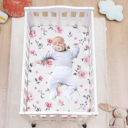 3 Pack Mini Crib Sheets, Premium Pack N Play Sheets for Boys Girls Neutral, Soft Breathable Baby Sheets Fit Pack N Play, Playard and Mini Crib Mattresses, Floral Flowers