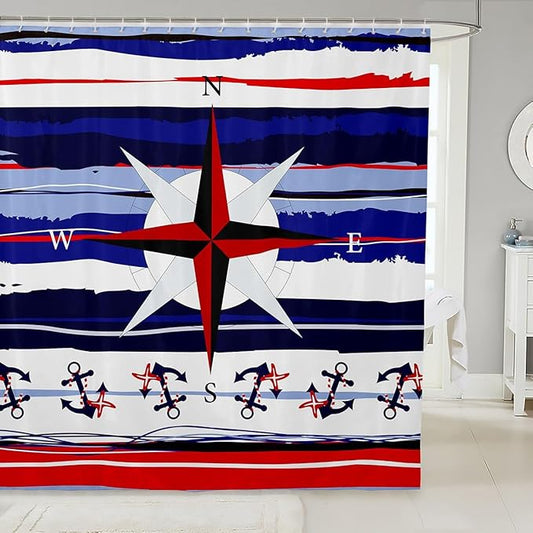 Feelyou Compass Shower Curtain Ocean Themed Fabric Shower Curtain for Kids Boys Girls Anchor Bathroom Waterproof Accessories with 12 Hooks Blue Red White Striped Curtains,72X72 Inches