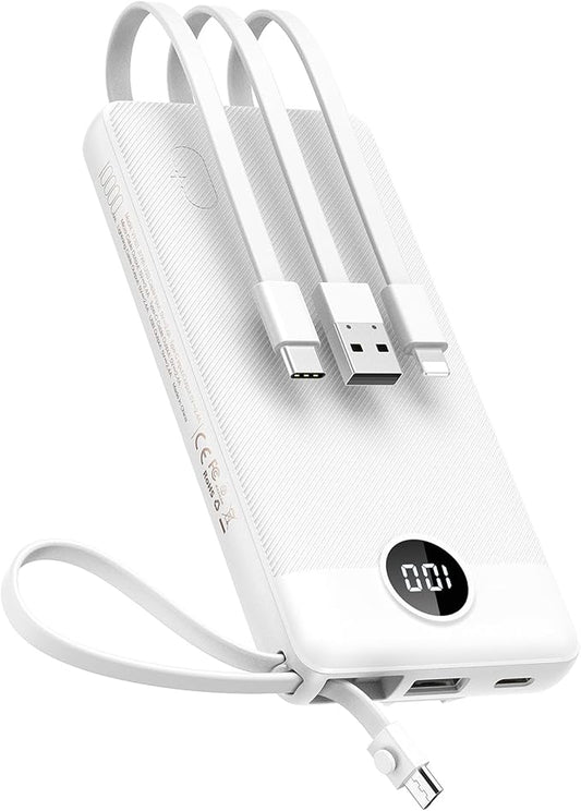 VEEKTOMX Portable Charger with Built-in Cables - 10000mAh Power Bank for iPhone - Slim Fast Charge USB C Battery Pack - Small Travel Essentials Powerbank, Compatible with iPhone, Samsung, Android, etc