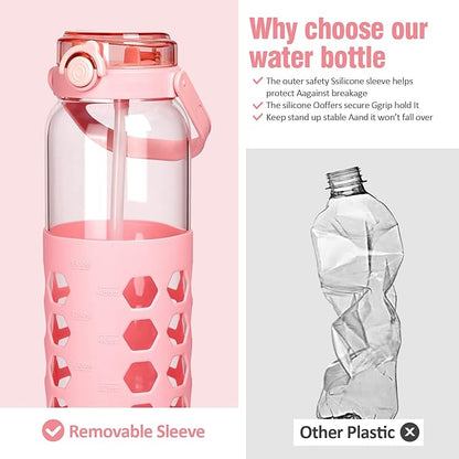 MUKOKO 56oz Glass Water Bottles with Straw and Lid,Motivational Water Jug with Time Marker Reminder and Silicone Sleeve,100% Leakproof BPA Free Fitness Sports Large Bottle-Pink