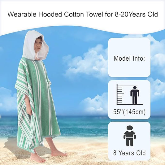 VOOVA & MOVAS Hooded Beach Towels for Boys| Girls | Teens (8-16Years), 100% Cotton Thick Poncho Towel Robe for Big Kids, Perfect for Pool, Beach, Bath and Gifts, Green Cabana Stripe Design