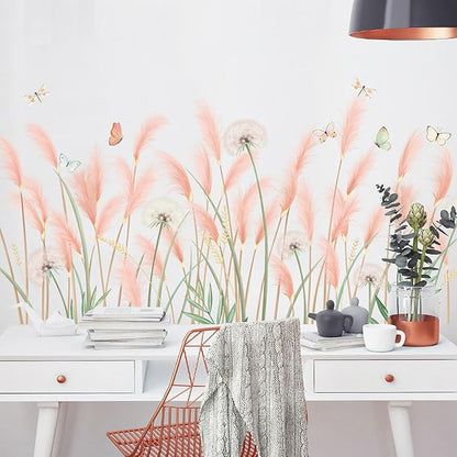 Green Plants Wall Stickers, Reed Flower Dandelion Butterfly Wall Murals Peel and Stick, Wall Decals for Living Room, Wall Décor for Bedroom, Wall Art for Kitchen, Kids Room Décor