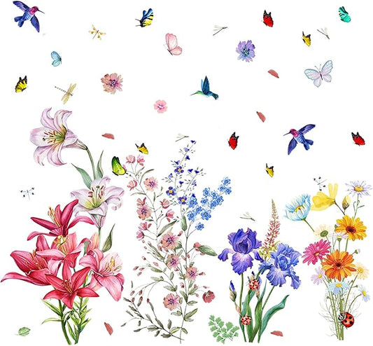 Garden Flower Wall Decals Lily Daisy Butterfly Dragonfly Bird Wall Stickers, Spring Window Clings for Glass Windows Living Room Bedroom Kitchen Wall Decor