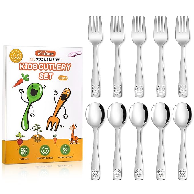 VITEVER 10-Piece Toddler Utensils, Kids Stainless Steel Silverware Set, Children Safe Forks and Spoons - Mirror Polished, Dishwasher Safe