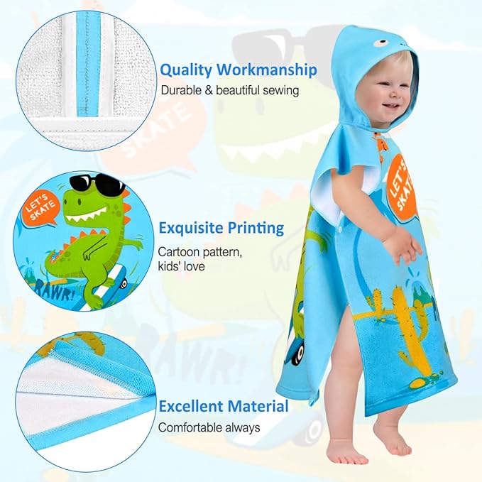 HUANLANG Kids Hooded Beach Towel for Boys Girls,Bath Pool Beach Poncho Towels Super Soft & Absorbent Cotton Towel Childrens Dinosaur Beach Towels for Toddler 0-7 Years Old