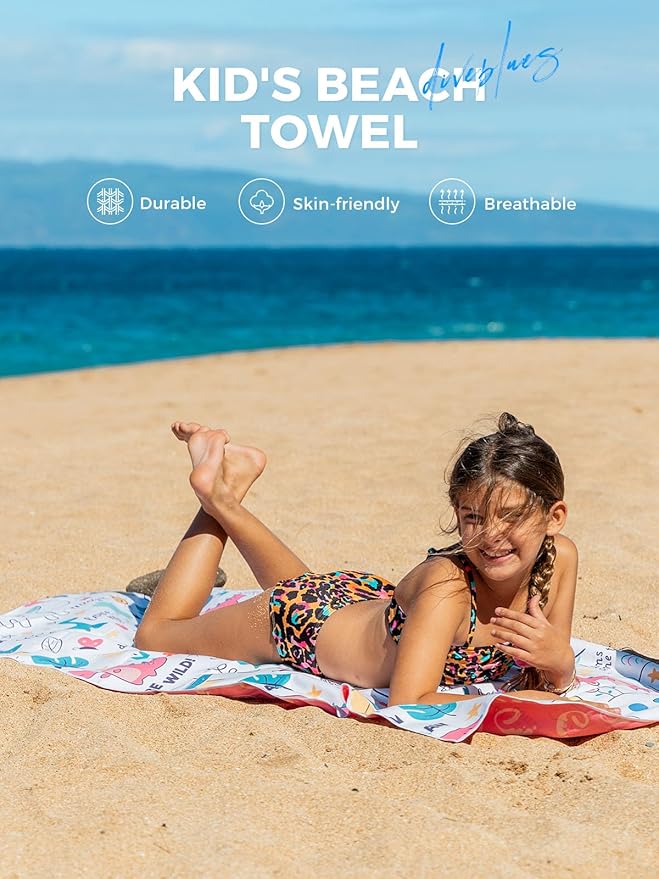 Kids Beach Towels 2 Pack 60''x30'', Quick Dry, Sand Free, Compact, Lightweight, Absorbent, Girls & Boys Large Microfiber Towels Gifts for Pool, Swim, Cruise Essentials