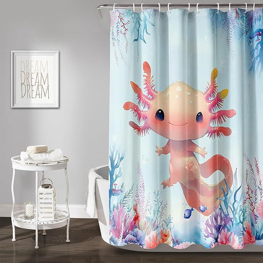 AILONEN Axolotl Shower Curtain for Bathroom,Watercolor Axolotl Coral Bath Curtain for Kids Girls,Ocean Animal Salamander Blue Shower Curtain Decoration Waterproof with 12 Plastic Hooks, 36" W*72" H