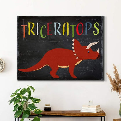 Renditions Gallery Canvas Animal Wall Art Modern Decorations Paintings Colorful Playful Triceratops Vibrant Dinosaur Canvas Wall Hanging Artwork for Kids Bedroom Nursery - 32"x48" LT33