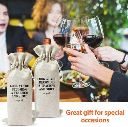 Becoming a Teacher Wine Bag, Be Given To Friends Classmates Teachers' Day Gift Brothers And Sister, New Teacher Party Decoration, Drawstring Burlap Wine Bag
