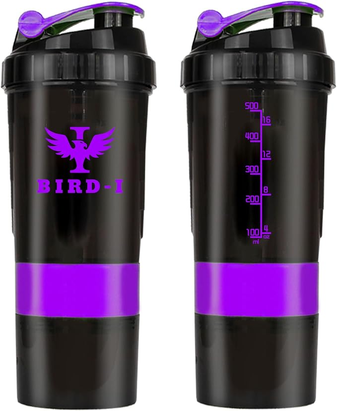 Gym Protein Shaker, 3-in-1, 500ml/16.9oz, BPA-Free, Metal Mixer. (PURPLE), JT4101