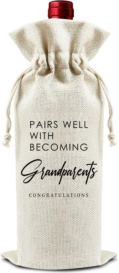 Pairs Well with Becoming Grandparents - Gifts for New Grandma Grandpa Wine Bags, 1 PC Reusable Drawstring Burlap Wine Bottle Bags, Baby Announcement Gifts for Dad Mom, Wine Accessories -46
