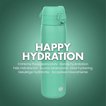 ION8 Steel Water Bottle, 600 ml/20 oz, Leak Proof, Easy to Open, Secure Lock, Dishwasher Safe, Flip Cover, Fits Cup Holders, Carry Handle, Durable, Scratch Resistant, Carbon Neutral, Teal Green