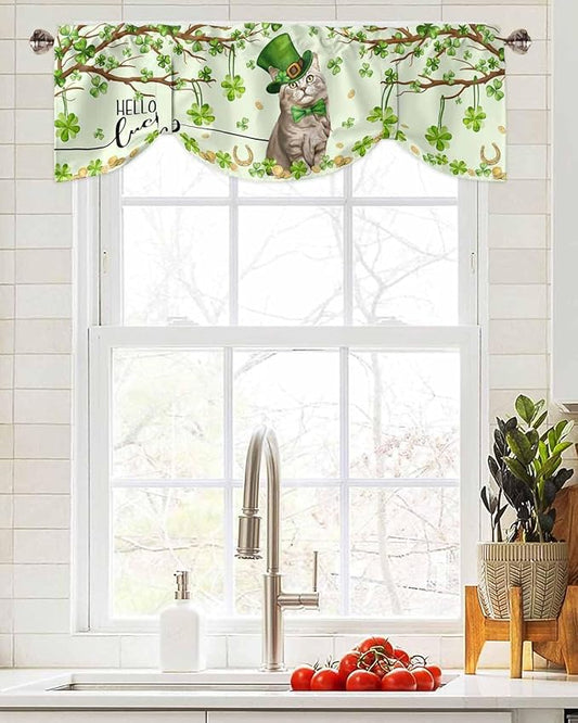 Lucky Cat St. Patrick's Day Blackout Tie Up Valance Curtains for Kitchen Windows Green Spring Shamrocks Tree Window Toppers Balloon Shades for Living Room/Bathroom/Bedroom,1 Panel, 42" X 12"
