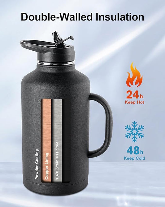 Trebo 64oz Water Bottle Insulated with Straw & 2 Lids, Half Gallon Double Wall Vacuum Stainless Steel Metal Large Jug with Handle, Wide Mouth Flask Mug with Carry Pouch, Keep Cold Hot, Black