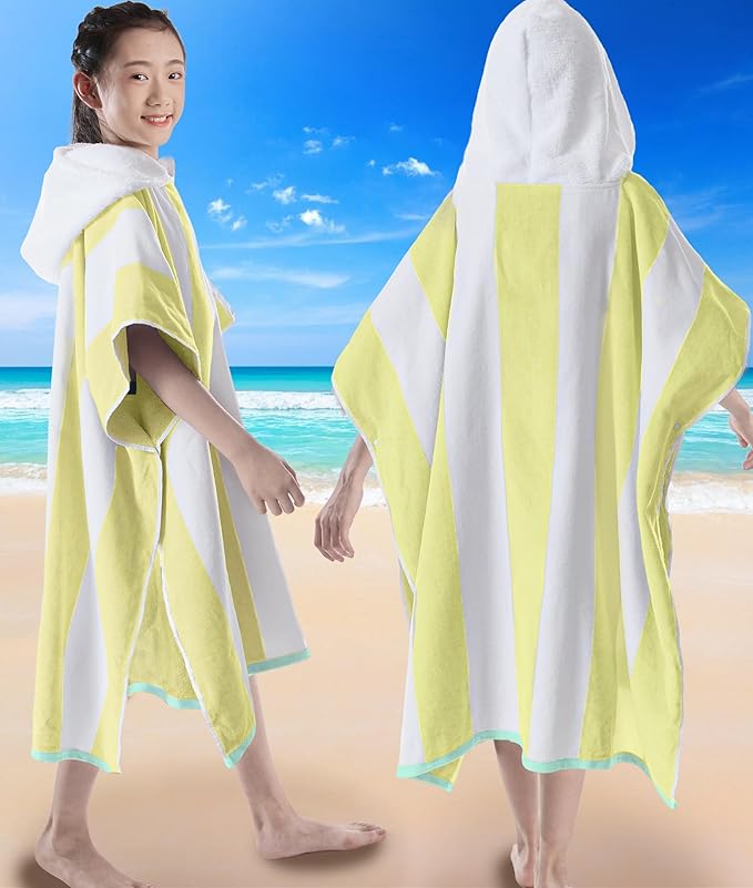 VOOVA & MOVAS Big Kids Hooded Towel Poncho | Large, Soft, Absorbent Cotton Towel Robe | 8-16Years | Versatile for Pool, Swim,Beach and Bathroom | Yellow Cabana Stripe