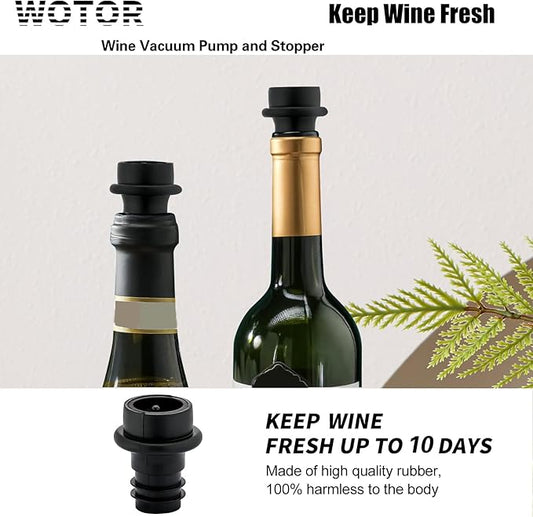 Wine Saver Vacuum Pump with 4 Stoppers, Wine Stopper, Wine Preserver, Reusable Bottle Sealer Keeps Wine Fresh, Ideal Wine Accessories Gift (Flat Handle)