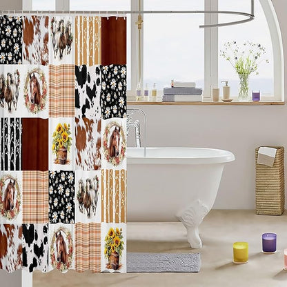 Feelyou Horse Shower Curtain 72"x78" Kids Cowboy Cow Fur Bathroom Shower Curtain Set for Boys Girls Teens Farm Geometric Stripes Bath Curtain Daisy Sunflower Bathroom Accessories