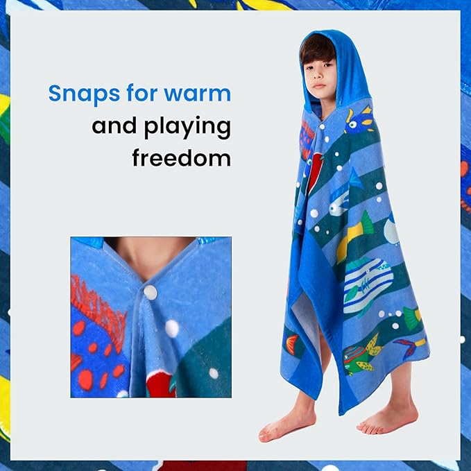 BANGSAUR Kids Hooded Beach Bath Towels, 100% Cotton 50"x30" Wrap Bathrobe, Toddlers Boys 3-12 Years Coverup Towel Ocean Fish N