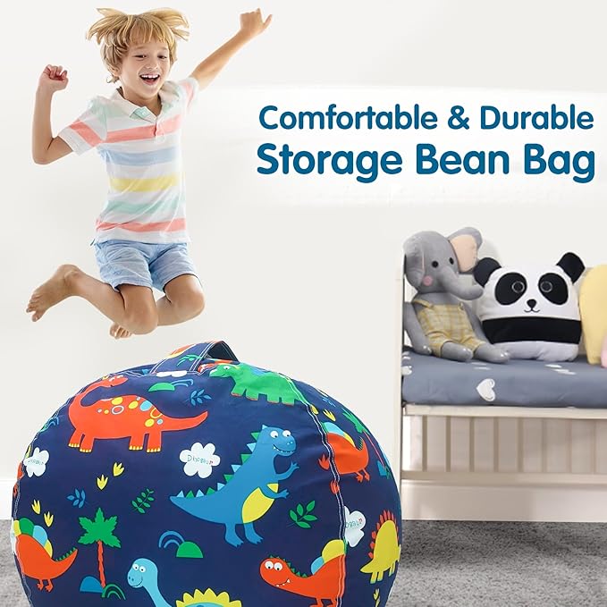 Lukeight Stuffed Animal Storage Bean Bag Chair Cover for Kids, Dinosaur Zipper Beanbag Chair Cover for Organizing Toddler and Kids' Rooms Plush Toys (Dinosaur, Large)