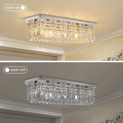 Siljoy Modern Crystal Chandelier 6-Lights Rectangular Flush Mount Pendant Ceiling Light Fixture Rectangle K9 Crystal Raindrop Chandelier for Dining Living Room Kitchen Island L31.5'' x W10'' x H10'