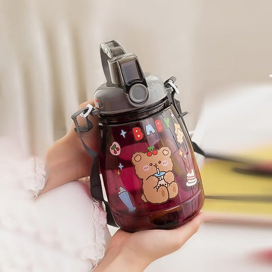 PEXIZUAN Kawaii water bottle big belly cup big water bottle cute travel cup strap straw cup(grey,1300ML)